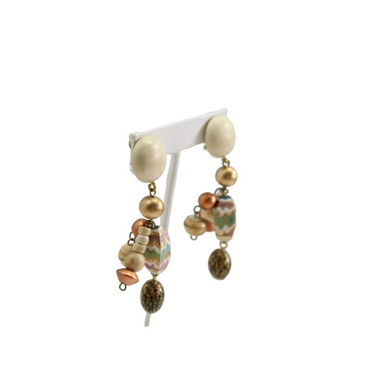 Hand painted Wood Beads Clip on Dangle Earrings E… - image 1