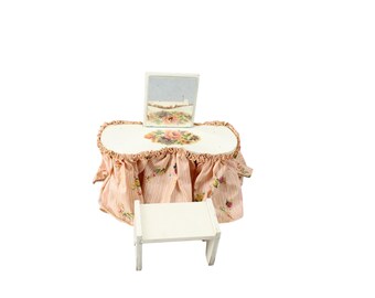 Doll Vanity w/ Bench Vintage 1950's Skirted Pink Floral Wood Wooden White 94789