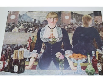 May include: A painting of a woman in a black dress with a white lace collar and a floral corsage. She is standing behind a bar with bottles of liquor and glasses of wine. The background is a blurry image of a crowded bar.