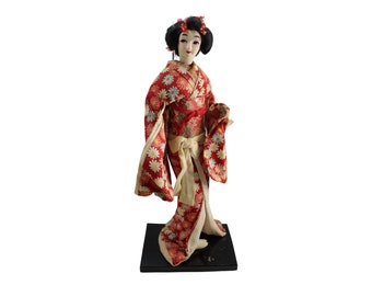 Vintage Handmade Geisha Doll Handpainted Face 15&quot; Stand 88054
