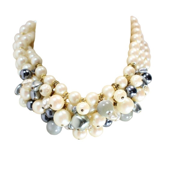 Beaded Choker Necklace Faux Pearl Ivory Gray Adju… - image 1