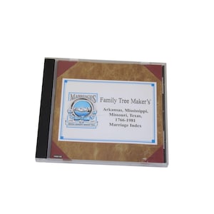 May include: A CD case featuring a brown and red cover with the text "MARRIAGES Family Tree Maker's" and the states of Arkansas, Mississippi, Missouri, and Texas, with the years 1766-1981. The case is in a clear plastic sleeve.