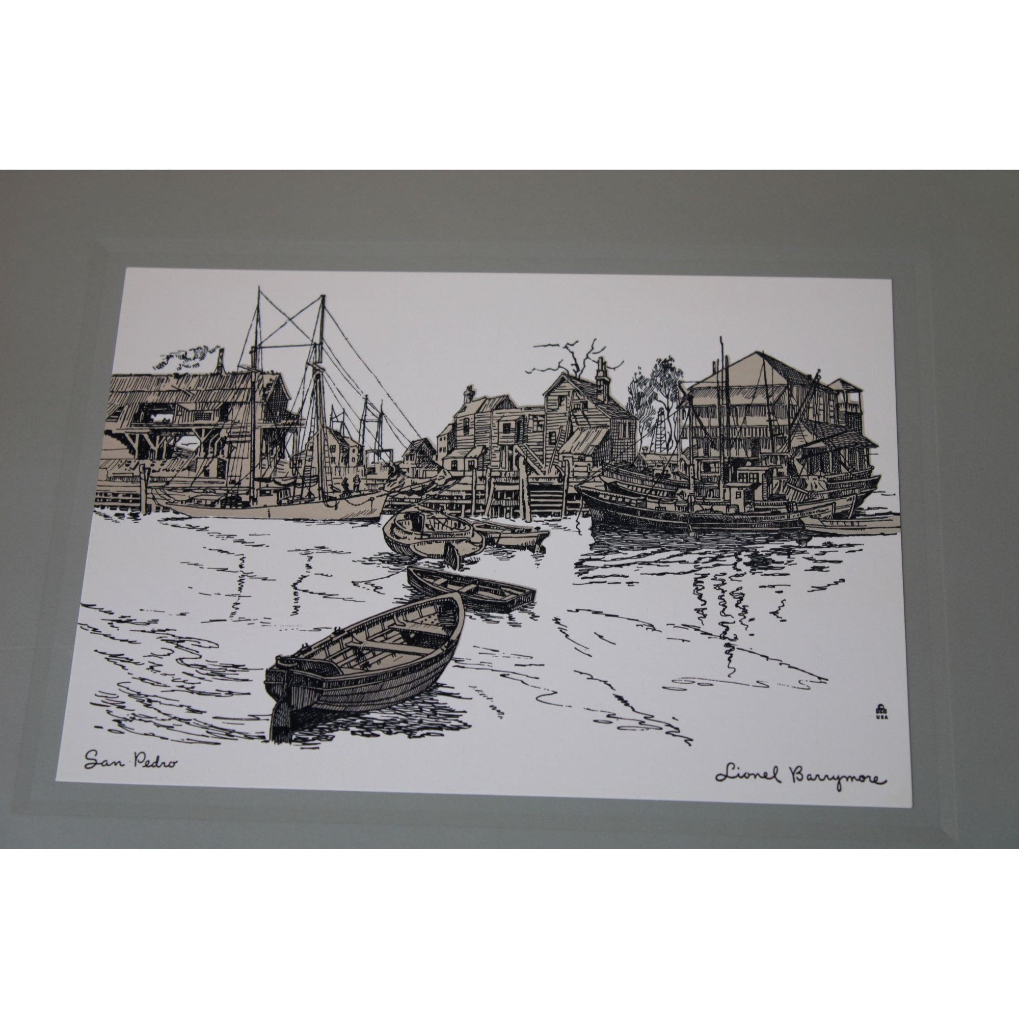 Gravure Signée Lionel Barrymore « Quiet Waters » - Encadrée 12x16 Pouces - Vintage Années 50