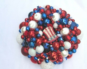 Vintage Red White Blue Patriotic Christmas Ornament Wreath 18"