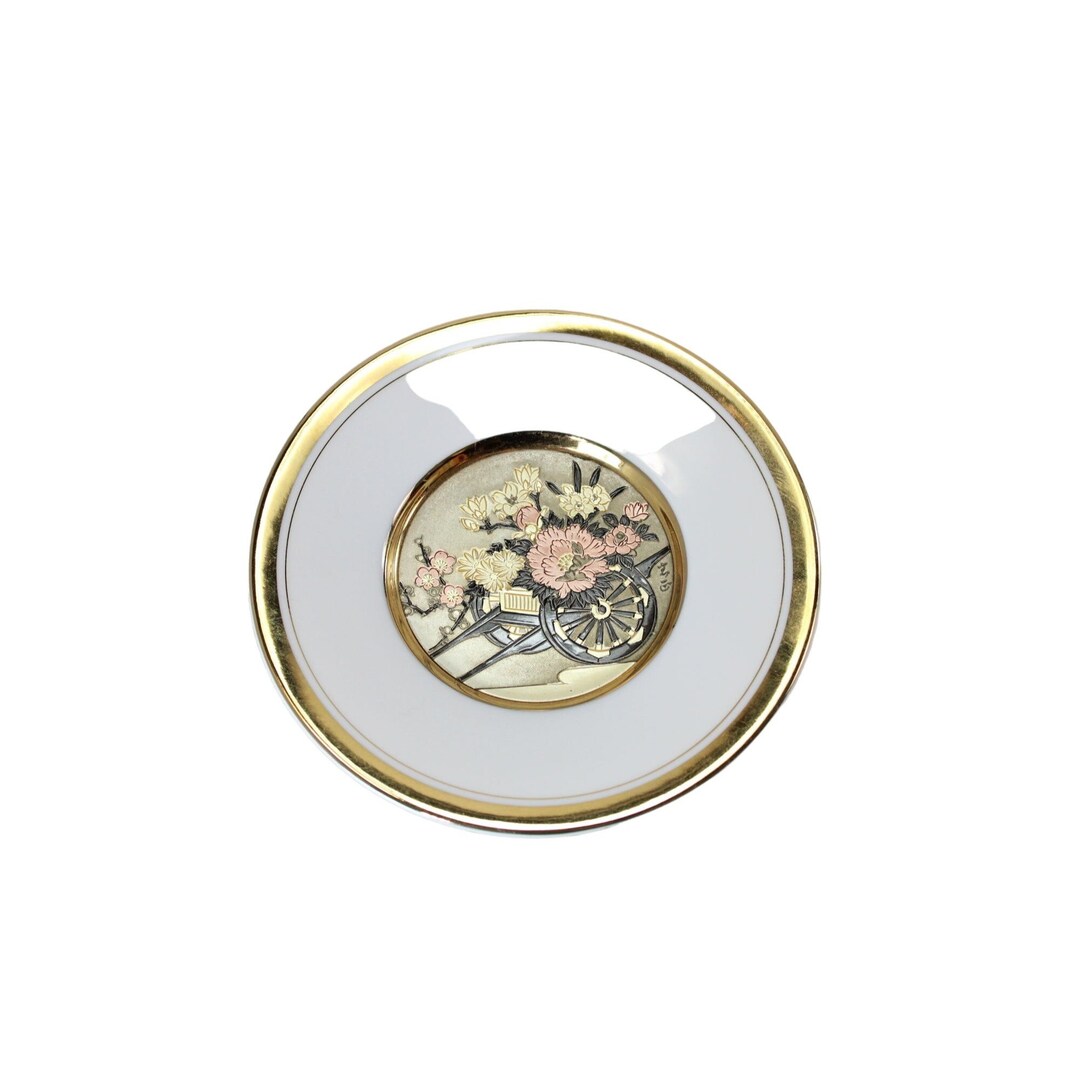 Chokin Engraving Plate Vintage Floral Asian Wagon Japan