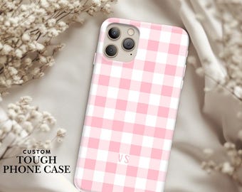 Custom Monogrammed Pink Gingham Phone Case Gift for her, Retro Checkered Spring and Summer Aesthetic iPhone 16, Pro,Samsung S25,S24, Pixel 9