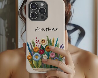 Embroidery Flower Tough Phone Case - Gift for Her, Mama, Mom,Birrthday, Floral Aesthetic 3D Case iPhone, Samsung, Pixel unique gift ideas