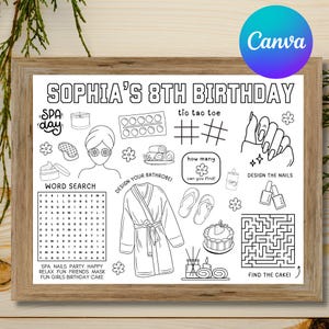 Feuille d&#39;activités pour fête d&#39;anniversaire au spa, faire-part à une fête au spa, cadeau d&#39;anniversaire pour chouchouter, fête d&#39;anniversaire de filles feuille à colorier pour enfants