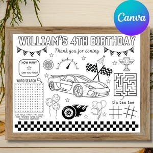 Puede incluir: Hoja de actividades imprimible en blanco y negro para una fiesta de cumpleaños de 4 años con el nombre William. La hoja incluye una búsqueda de palabras, un laberinto, un juego de tres en raya y una actividad de contar las estrellas. El tema es coches y carreras.