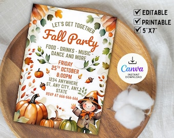 May include: A fall party invitation with orange pumpkins, autumn leaves, and a cartoon scarecrow. The invitation includes the text "Fall Party" and event details. The invitation is 5"x7" and is editable and printable.