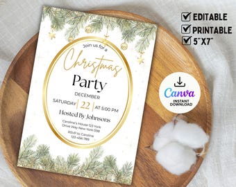 May include: A Christmas Party invitation with a gold oval frame and text. The invitation includes the date, time, and host information. The design features pine branches and ornaments. The invitation is 5"x7" and is editable and printable.