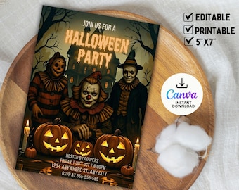 Może przedstawiać: Zaproszenie na imprezę Halloween z przerażającym klaunem, strachem na wróble i postacią w czarnym kapeluszu, z rzeźbionymi dyniami i świecami. Tekst brzmi "Join us for a Halloween Party". Zaproszenie ma wymiary 12,7 cm x 17,8 cm.