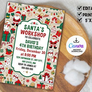 Pode incluir: Um convite com tema natalino para uma festa de 4 anos. O design apresenta o Papai Noel, presentes e decorações de férias. O convite mede 12,7 cm x 17,8 cm e inclui o texto "Santa's Workshop" e "David's 4th Birthday".