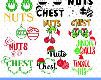 May include: A digital download of 10 Christmas-themed SVG files featuring a variety of designs with the words "Chest Nuts" and other related phrases. The designs are in black, green, red, and white.