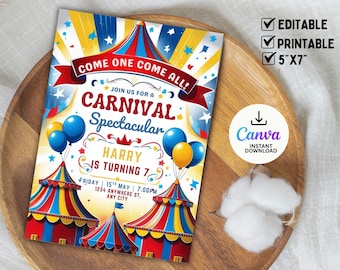 Invito di compleanno a Carnevale, invito di compleanno a circo, invito a circo, invito per festa di carnevale, invito a carnevale, Canva