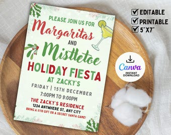 Può includere: Un invito festivo per una "Festa delle Feste Margaritas e Vischio" da Zacky's, con data, ora e indirizzo. L'invito misura 12,7 cm x 17,8 cm e presenta un'illustrazione di margarita e l'opzione di download di Canva.