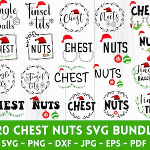 Może przedstawiać: Zestaw świątecznych wzorów SVG z frazami takimi jak "Chest Nuts", "Jingle Balls" i "Tinsel Tits", każdy ozdobiony czapkami Świętego Mikołaja i świątecznymi elementami. Dostępne w wielu formatach plików.