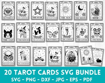 May include: A set of 20 black and white tarot card illustrations featuring various spooky and whimsical designs. The cards are labeled with names like "The Cat", "The Witch", "The Sun", and "The Moon".