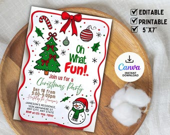 Oh What Fun Christmas Party Invitation, Kids Christmas Birthday Party Invitation, Christmas Printable Holiday Party Invite, Canva Template