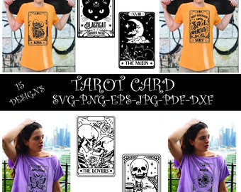 May include: An image featuring various tarot card designs and t-shirts with tarot-themed graphics. The designs include a skeleton, a cat, and the text "KISS", "THE BLACKCAT", "THE MOON", "NOT ENOUGH SAGE SHIT", "THE LOVERS", "CAT LOVER", and "KINDA ANNOYING".