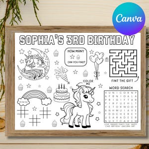Editable Unicorn Birthday Party Activity Sheet, Unicorn Themed Birthday Party Favor, Unicorn Placemat, Birthday Kids Activity Coloring Sheet