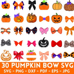 May include: A set of 30 digital SVG files featuring pumpkin and bow designs. The designs include various colours, styles, and sizes of pumpkins and bows. The designs are perfect for creating crafts, decorations, and other projects.
