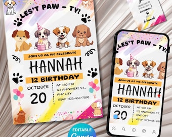 May include: A colorful birthday invitation with a paw print theme. The invitation features a rainbow watercolor background with paw prints, stars, and confetti. The text "Let's Paw-ty!" is at the top of the invitation. The invitation is for Hannah's 12th birthday and includes the date, time, and location of the party. The invitation is designed to be edited in Canva.