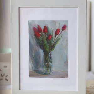 Gemälde, Blumenbild, Tulpenbild, rote Blumenkunst, Tulpen, Blumenstrauß, Ölgemälde, Geschenke