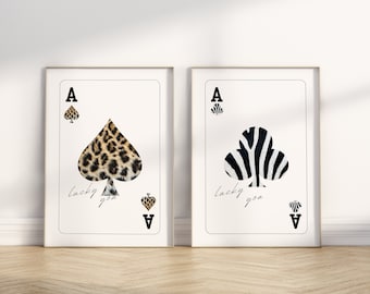 Set of 2 Playing Card Leopard and Zebra Printable Wall Art DIGITAL FILES