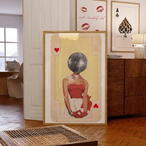 Póster de naipes de chica genial con estética vintage de cabeza de discoteca, arte de pared imprimible, decoración vintage de moda