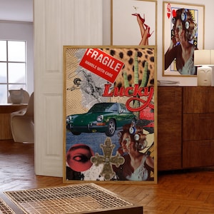 Western vintage collage afdrukbare muurkunst esthetiek, barwagen kunst, trendy, cheetah, cowgirl, geluk, decor rood, jaren 70, retro