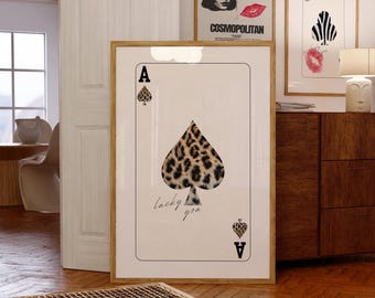 Playing Card Spades Cheetah Print Lucky You Printable Wall Art  Downloadable Digital Files Trendy 70s Bar Cart Art Typography Aesthetic