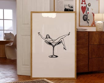 Girl in a Martini Glass Printable Poster Art Downloadable Files- 70s Vintage Style, Cool Girl Aesthetic, Trendy, Black and White