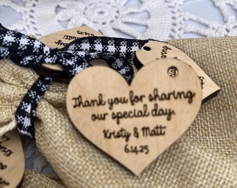 Personalized Wood Heart Wedding Favor Tags: Engraved Rustic Thank You