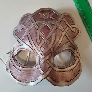 Leather mask, hand tooled, silver red metallic stain, goddess mask for renn faire, wiccan, Halloween, pagan, ritual. new