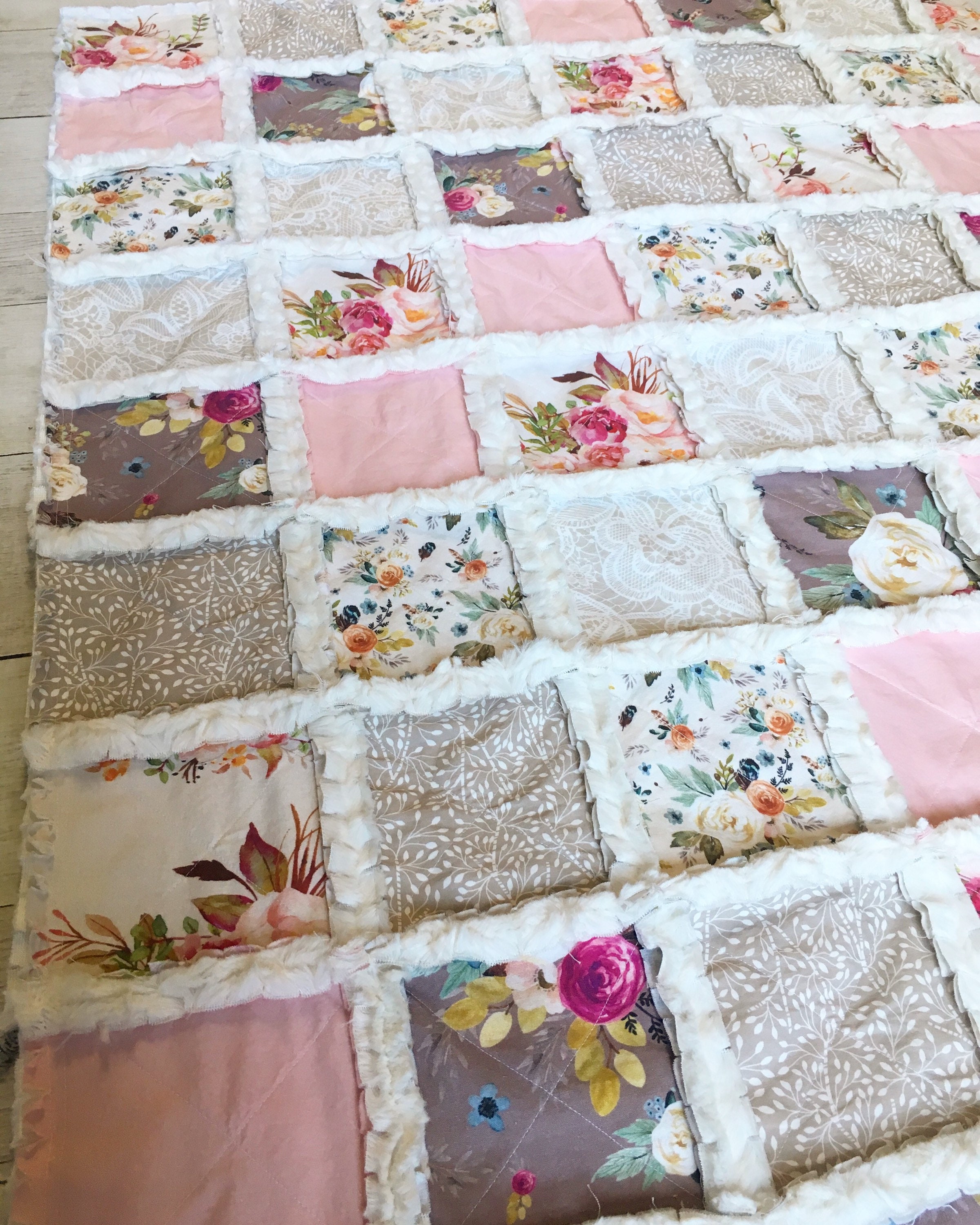 Boho Dusty Rose Floral Baby Quilt Crib Quilt for Baby Girl Minky