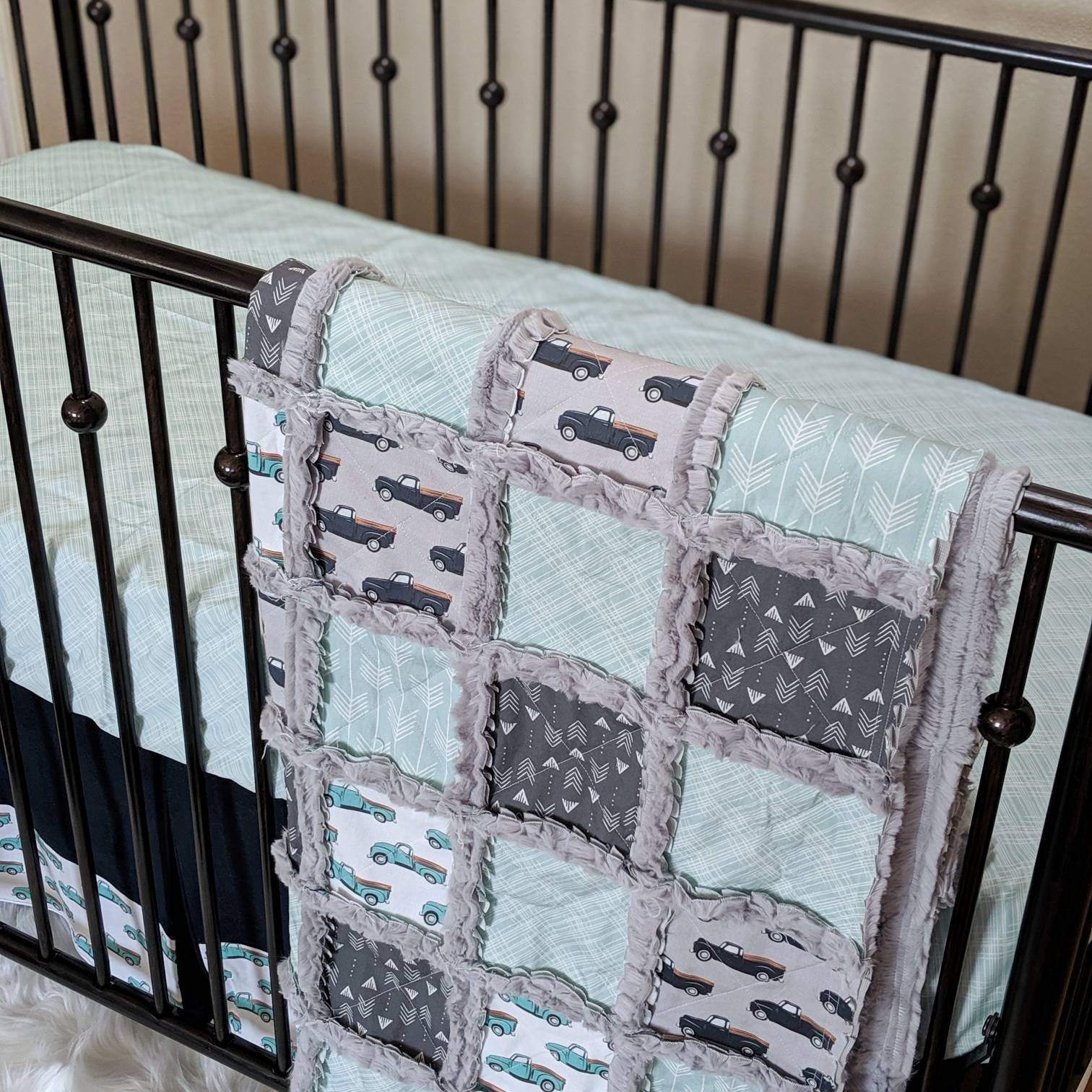 Vintage Trucks Crib Bedding In Mint Navy And Grey Quilt Crib