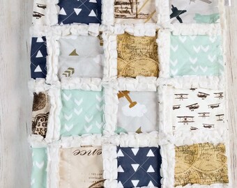 Vintage Aviation Minky Rag Quilt With Mint and Light Blue Air | Etsy
