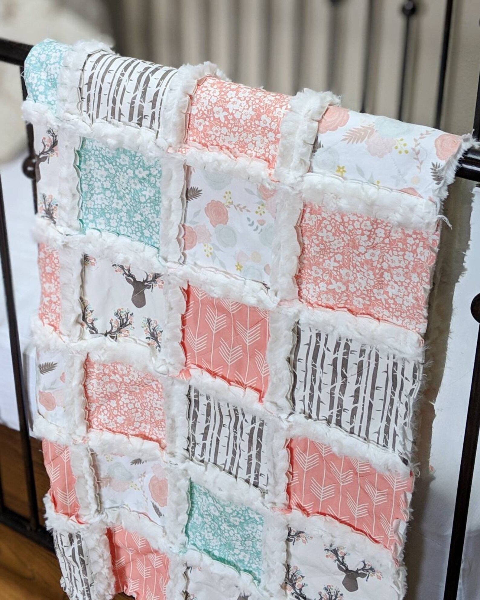 Floral Stag Woodland Minky Rag Quilt Woodland Baby Blanket Etsy