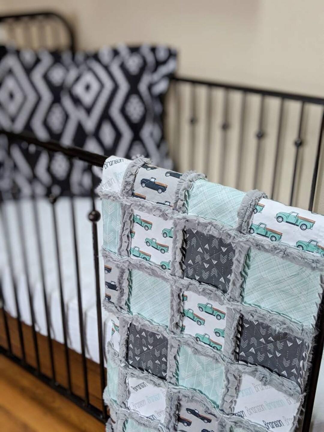 Vintage Truck Baby Quilt Crib Quilt for Baby Boy in Mint Green and Grey
