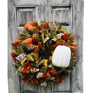 Fall Harvest Wreath with White Pumpkin, Autumn Burlap and Plaid Ribbon Wreath, Thanksgiving Door Decor.