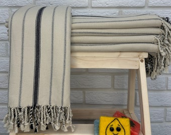 May include: A stack of beige and black striped towels with fringe on a wooden shelf. The towels are folded and stacked on top of each other. There is a yellow lemon-shaped sponge with a smiley face on it in the foreground.