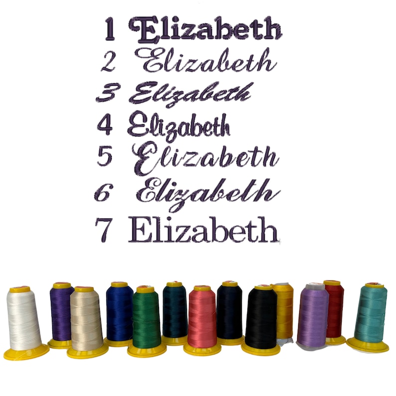 May include: Seven spools of embroidery thread in various colors, including white, purple, beige, blue, green, red, black, lavender, and teal. The spools are arranged in a row on a white background. The text "Elizabeth" is written in cursive above the spools, with numbers 1 through 7 next to each name.