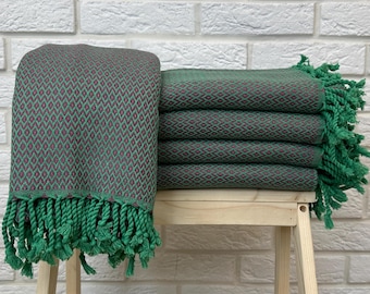 Turkish Beach Towel 40x70, Green and Fushia Couch Blanket, Stone Washed Towel, Organic Bath Towel, Sand Free Beach Towel, Quick Dry towel