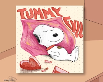 Entzückender Snoopy Tummy Full 8x8 Kunstdruck - Niedliche Erdnuss Illustration - Perfektes Geschenk für Snoopy-Liebhaber