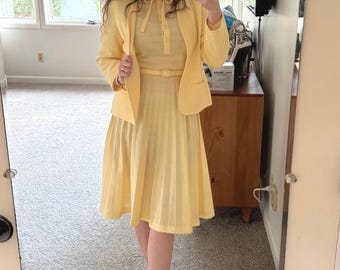 Vintage 1960s Butter Yellow 4-Piece Dress Set | Dress, Jacket, Belt & Neck Tie | XS–S
