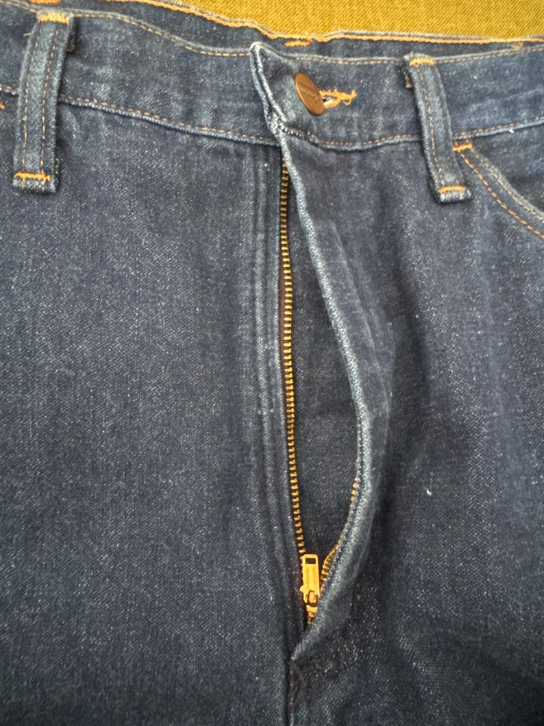 May include: Close-up of dark blue denim jeans with a visible brass zipper and a button closure. The jeans have classic five-pocket styling with reinforced stitching in a contrasting color. The fabric shows subtle wear.
