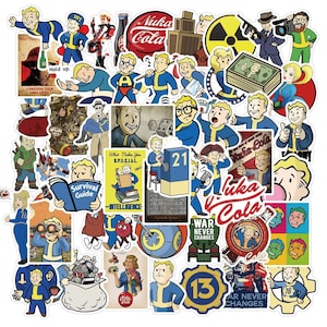 May include: A set of 50 Fallout themed stickers featuring characters, logos, and slogans from the popular video game series. The stickers are printed on high-quality vinyl and are waterproof and durable. They are perfect for decorating laptops, water bottles, notebooks, and more.