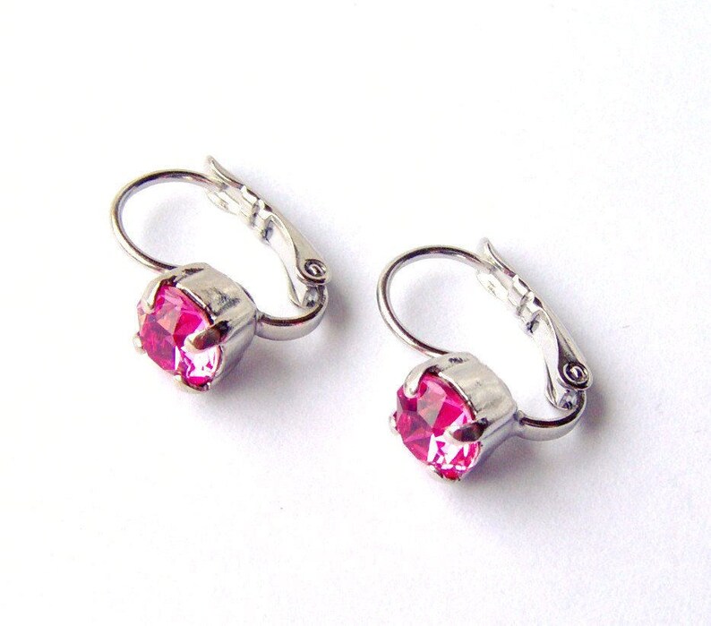 Pink rhinestone leverback earrings / Bridesmaid earrings / 6mm Etsy