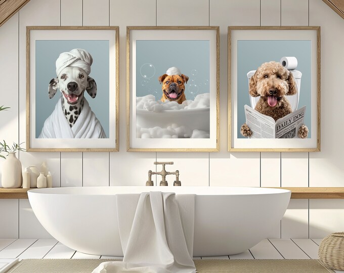 Custom Pet Portrait in Bathtub, Dog Bathroom, Funny Bathroom Art Print ...